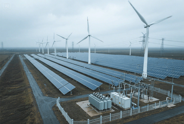 风力光伏 Wind turbines, photovoltaic panels and transformers