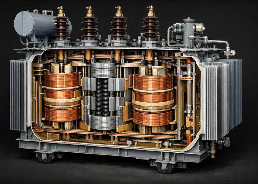 three‑phase transformer cutaway diagram showing iron core and winding components
